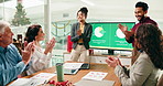 Presentation, applause and Christmas with business people in meeting for festive charts, success and teamwork, Holiday season performance, stats and profit with employees for monitor and report 