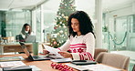 Thinking, Christmas and laptop with business woman in office for documents, December report and idea. Revenue vision, festive season review and paperwork with person in agency for employee bonus