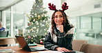Laptop, face and festive with business woman in office for retail merchandiser, Christmas campaign and smile. Holiday season, promotion manager and research with mature person in marketing agency