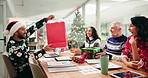 Christmas, party and business people with gifts in office for festive game, celebration and giving presents. Company, workers and happy men and women with surprise for holiday, tradition and event