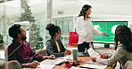 Business, people and presentation with screen in office for christmas target, feedback and planning. Financial analysts, employees and applause in meeting for holiday season sales and company profit