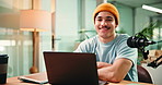 Face, laptop and man with mic in studio for podcast, editing stream and recording with headphones. Content creation, portrait and person on computer for audio, radio presenter and hosting show