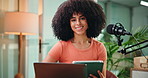 Woman, tablet and face with smile for podcast with pride, notes or application at media company. Person, tech and happy in portrait with laptop, mic or host for broadcast at creative agency in Brazil