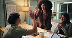 Happy, business people and night with high five for meeting, statistics or performance in office. Group, employees or team working late with laptop or tablet for success, completion or done project