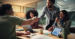 Handshake, tablet screen and business people in office, charts and stock market goals. Group, shaking hands and employees in workplace, tech or achievement with graphs for profit increase or b2b deal