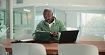 Office, research or black man copywriting on technology for campaign, online post or news. Tablet, editor or mature African writer with laptop for business, report, editing and company newsletter
