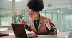 Business, celebration and woman in office, laptop and achievement with investment success. Person, finance profit and investor in workplace, cheering and pc with email, excited and stock market goal