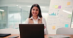 Arms crossed, laptop and money with face of woman in office for financial growth or investment. Computer, finance and wealth with smile of business person in workplace for portfolio management