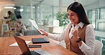 Business, celebration and woman with laptop, excited and documents with investment success. Person, finance profit and investor in office, cheering and pc with email, achievement or stock market goal