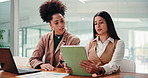 Tablet, business women and team brainstorming in office for investment, trading or results. Laptop, conversation and workers planning in meeting for financial update, graphs and stock market analysis