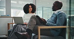 Collaboration, conversation and laptop with business people in office together for travel or trip. Computer, planning and waiting with employee team in workplace for commute, journey or meeting