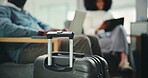 Luggage, travel and waiting with business people in airport for commercial or international trip. Commute, suitcase and transport with traveler group in departure lounge or lobby for global journey