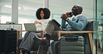 Airport, man and communication for business trip, phone call or discussion for travel plans or chat. Happy, employee and people with luggage for journey, talking and waiting for flight and low angle