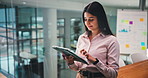 Business, planning and woman in office, tablet and check investment proposal with digital app. Person, employee or financial advisor in workplace, tech or internet with stock market or online reading
