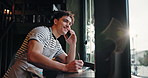 Waiter, man and phone call at cafe for contact with supplier for deal, negotiation or order by window. Man, barista and listen with smile, smartphone and talk for discount on stock at coffee shop