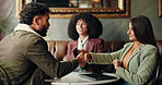 Business people, talk and shaking hands in meeting at cafe for welcome, networking or collaboration. Investor, tablet or women shaking hands with man for onboarding, partnership deal or agreement