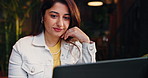 Woman, laptop and reading with remote work at cafe, decision and review offer for freelance job. Person, copywriter and happy with pc for search, notification or feedback for proposal at coffee shop