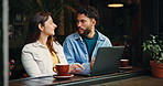 Laptop, smile and talk with couple in cafe for travel package, research and hospitality review. Online booking, planning and date with man and woman in coffee shop for discussion, reading and love