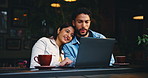 Date, laptop and love with couple at coffee shop together for bonding, conversation or romance. Computer, connection and relax with happy people at internet cafe or restaurant for break or wellness