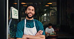 Happy man, face or cafe with confidence for small business management or retail ownership. Portrait, male person or entrepreneur with smile or arms crossed for open restaurant, startup or coffee shop
