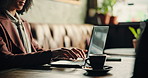 Hands, woman and typing on laptop at cafe for remote work, writing story and email feedback. Journalist, freelancer and pc for research, proofreading article and information with publication schedule