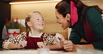 Happy, baking and mother with child in kitchen for learning, bonding or cooking together in home. Laugh, teaching and mom with girl kid for preparing cookies, cake or dessert with flour in house.