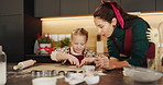 Teaching, baking and mother with child in kitchen for learning, bonding or cooking together in home. Laugh, recipe and mom with girl kid for preparing cookies, cake or dessert with pastry in house.