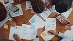 Teamwork, writing or people with documents for top view, planning or meeting in business. Tablet, project or hands of financial analyst in group for charts report, economy growth or paperwork review