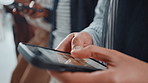 People, hands and typing with phone in waiting room for career research or job search at office. Closeup, candidates or person browsing with mobile smartphone in row or line for online application