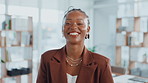 Laughing, face or black woman in office with admin, smile and confidence in creative agency. Portrait, funny joke or happy African employee in administration with startup, career ambition or business