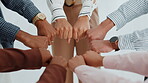 Corporate, group or hands of people with fist bump for team building, office community and solidarity. Business, diversity and employees in circle for company unity, support and agreement in meeting