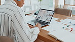 Hands, journal or person on laptop for homepage, office or online update research. Website, business or content strategist writing on notebook for digital marketing, screen and social media growth