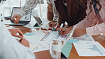 Paperwork, laptop and business people in office with finance graphs, charts or statistics. Documents, research and team of financial advisors with budget planning in collaboration in workplace.