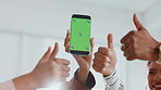 Business people, hands or meeting with phone screen or thumbs up in office for winning or success. Group, community or team app with like emoji, yes sign or mobile smartphone display for mockup space