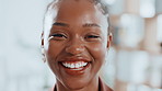 Face, intern and black woman with closeup, smile or confidence in creative agency. Happy African person, about us and proud female employee in administration with startup, career ambition or portrait