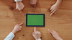 Hands, pointing and group with tablet, green screen and above circle for digital app. People, mockup and space with tech, internet or promotion for website, connection and gesture with social media