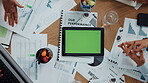 Meeting, green screen and people with paperwork, tablet and tracking markers in boardroom and hands. Above, colleagues and planning for proposal with documents, tech and charts with info for stats