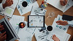 Paper, tablet or hands of business people for performance, teamwork or investment growth. Graphs data, top view or financial analysts in meeting for economic analytics, documents and audit review