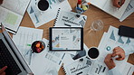 Documents, performance or hands of business people for charts, teamwork or investment growth. Graphs data, top view or financial analyst with tablet for economic analytics, research or audit review
