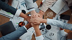 Business people, hands together and meeting with team or documents above for unity or mission. Top view, group or employees with pile, stack or paperwork for corporate inclusion or collaboration
