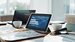 Tablet, digital marketing or screen in office with documents or innovation in empty company workplace. Consultation, website or technology on desk with text and paperwork for homepage or internet
