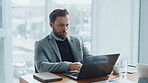 Finance, feedback or businessman typing on laptop for account management or online report. Office, financial or accountant with technology for taxes compliance, investment project or auditing budget