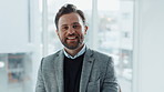 Business man, face and happy at office with pride, career and insurance broker for job at company. Person, risk management and portrait with smile, professional and confident at agency in Portugal