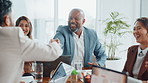Business people, clap or shaking hands in office for introduction, agreement or b2b deal. Handshake, happy or entrepreneur meeting investor for financial opportunity, partnership or welcome applause