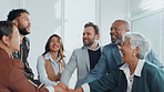 Happy, business people and hands together with applause for winning, teamwork or celebration. Excited, group or employees clapping in unity or agreement with community for collaboration or mission