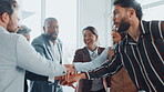 Happy, business people or hands together with applause in meeting for winning or team celebration. Excited, group or employees clapping in unity with community for agreement, success or mission