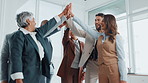 Team building, high five and business people clapping for celebration, goal achievement or target. Community, happy group and hands together for applause, mission and motivation for success in office