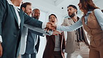 Team building, stack hands and business people clapping for celebration, goal achievement and target. Community, happy group and huddle for applause, motivation or success in office with low angle