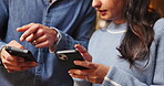 Couple, hands and phone in home to share contact information, social media and purchase. Mobile, man and woman together with app to coordinate plan, check schedule and online shopping comparison