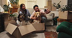 Selfie, moving and couple with dogs in home for memory, bonding or social media post for achievement. Happy, cardboard boxes and man with woman for photography picture with pets in living room.